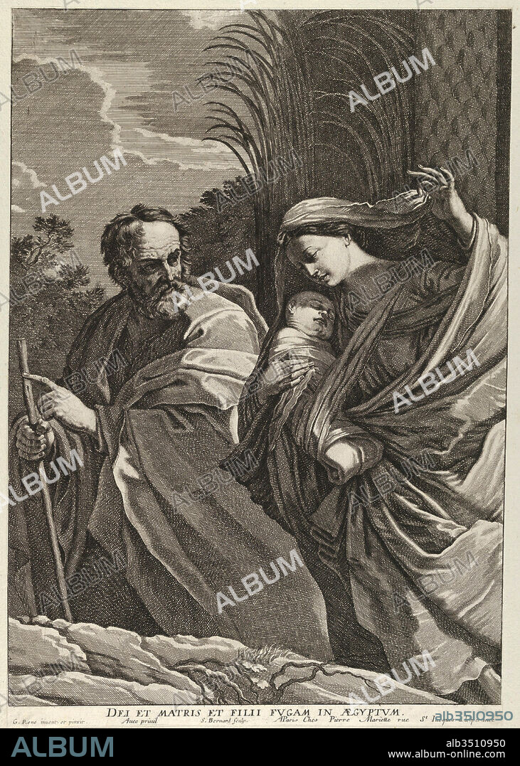 Drawings and Prints, Print, The Flight into Egypt; the Virgin carrying the infant Christ, Joseph pointing to the left, trees behind them, after Reni, Artist, Publisher, Artist, After, Engraved by, Guido Reni, Pierre Mariette, Samuel Bernard, Italian, Bologna 1575–1642 Bologna, French, 1596–1657, French, Paris 1615–1687 Paris, Reni, Guido, Mariette, Pierre, Bernard.