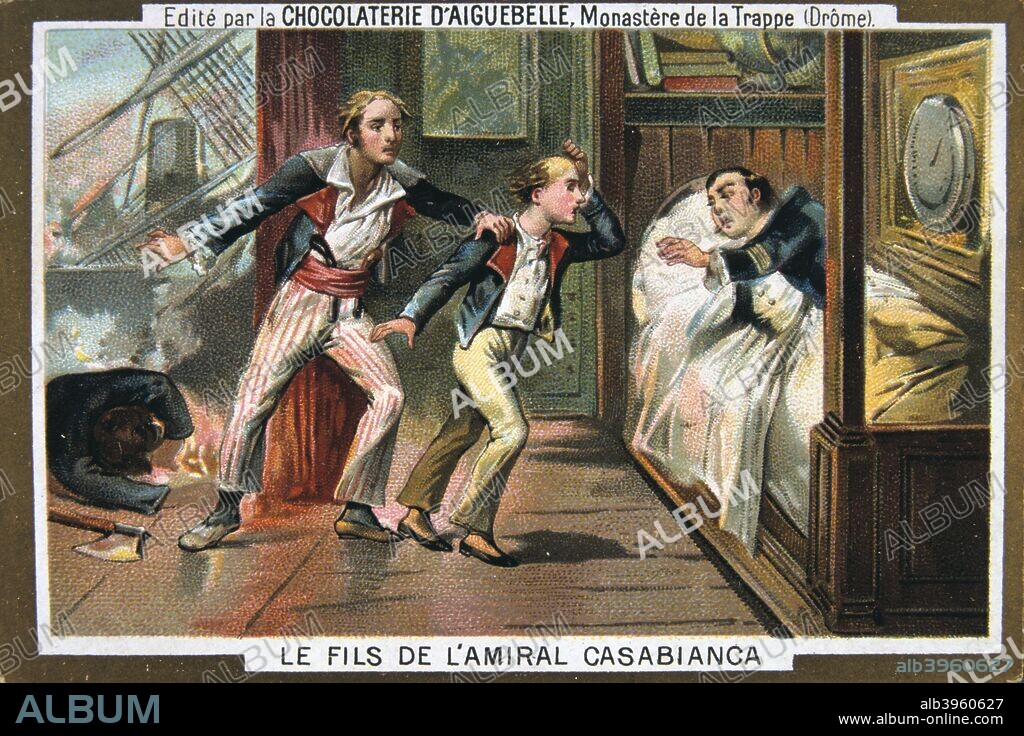 The death of Admiral Casabianca and his son at the Battle of the Nile, Egypt, 1798, (19th century). Admiral Louis de Casabianca (c1755-1798) commanded the 'Orient', flagship of Napoleon's fleet. During the Battle of the Nile (known in France as the Battle of Aboukir Bay), the commander of the fleet was killed and Casabianca assumed command. Despite being seriously wounded he remained at his post. His young son, Giocante, refused to leave him, and both died aboard the flaming 'Orient'. Card from a series produced by the chocolate factory at the Monastery of Aiguebelle.