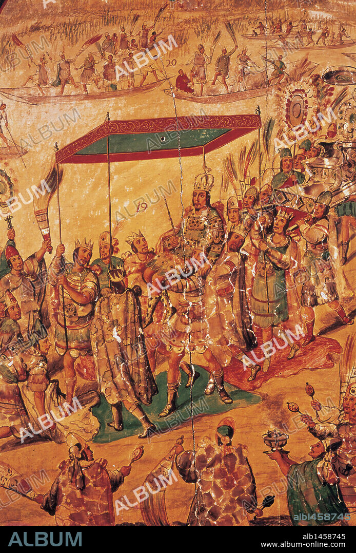 MOCTEZUMA II (1467-México,1520). Noveno "tlatoani" o rey de México-Tenochtitlan (1502-1520). Antes de ser coronado, se distinguió como militar y sacerdote. Fue un gobernante autoritario. "RECIBIMIENTO DE MOCTEZUMA Y DANZAS DE LOS MEXICANOS EN CANOAS POR LA LAGUNA". Cuadro enconchado firmado y fechado por Miguel González en el año 1696. 97 x 53 cm. Procedente del Museo del Prado. Museo América. Madrid. España.