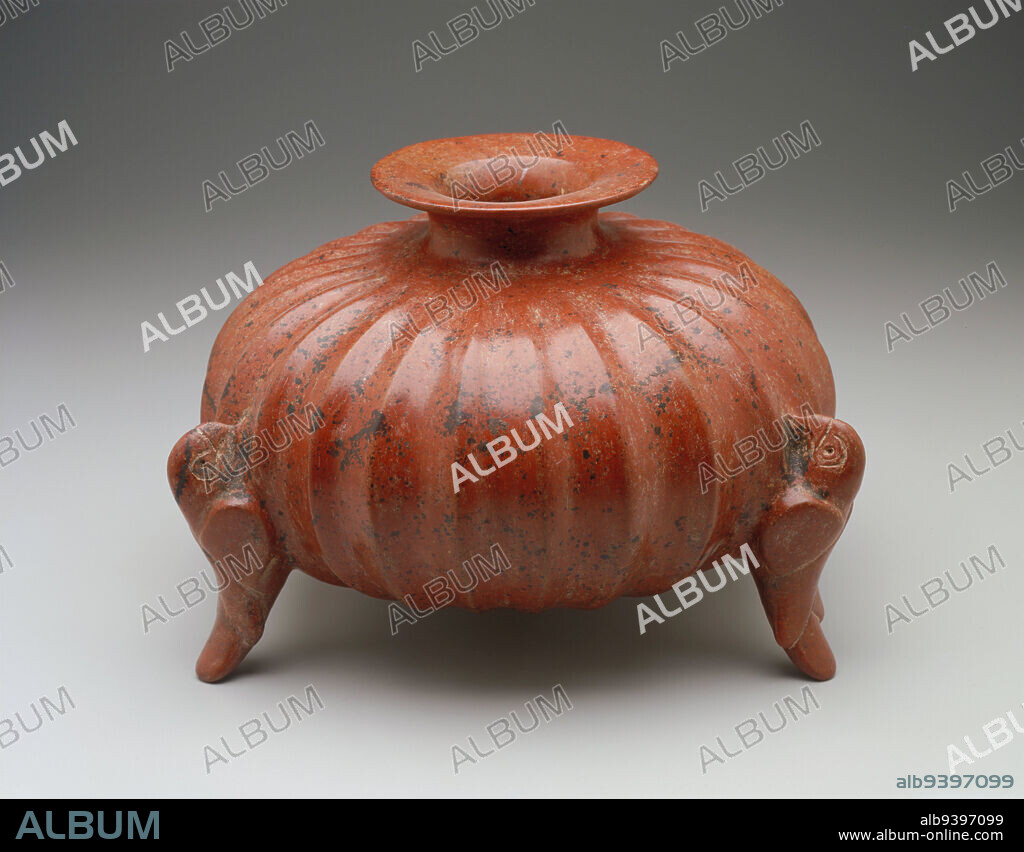 Vessel, c. 300 BCE-200 CE, 9 x 11 1/2 x 11 1/2 in. (22.9 x 29.2 x 29.2 cm), Clay, 4th century BCE - 2nd century CE, Squash were staple crops of ancient Mexico--dried versions were some of the earliest containers for food and drink. This deep orange, symmetrical pot perches on three feet in the form of parrots. Parrots and pumpkins were both associated with fertility and abundance in ancient Colima.