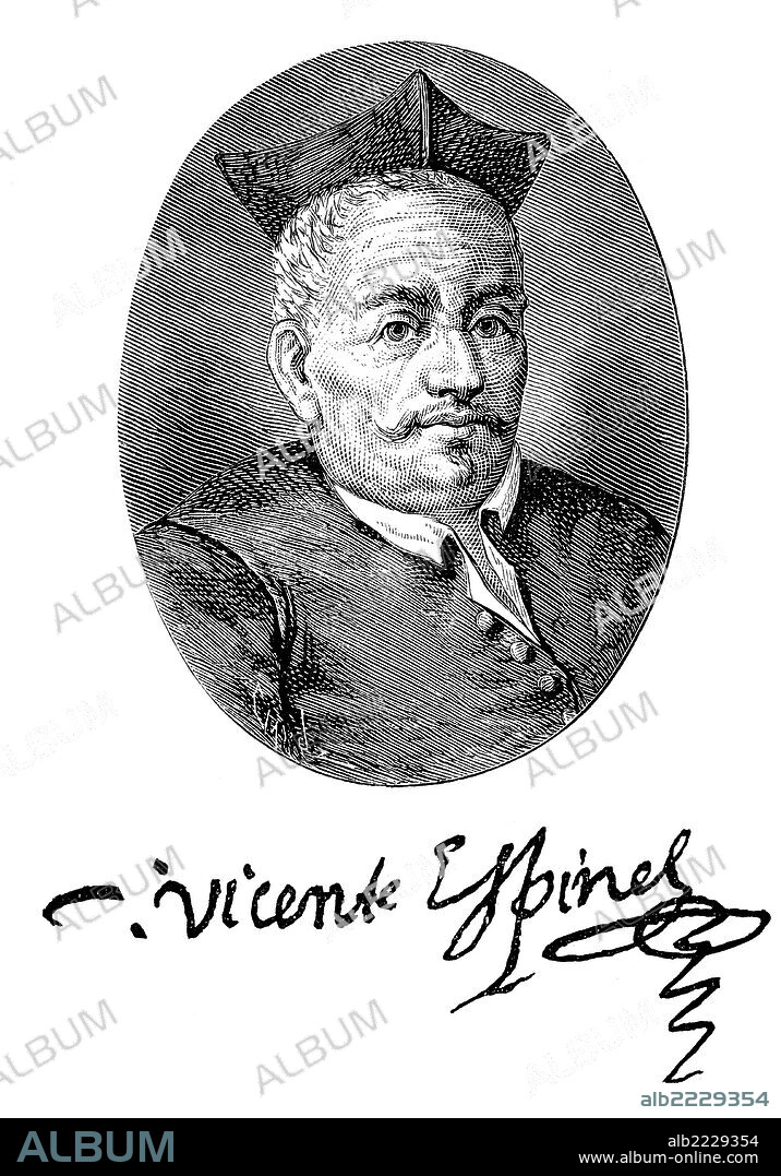 Vicente Espinel (1550-1624). Sacerdote, poeta, novelista y músico del siglo de oro español. Grabado de 1876.