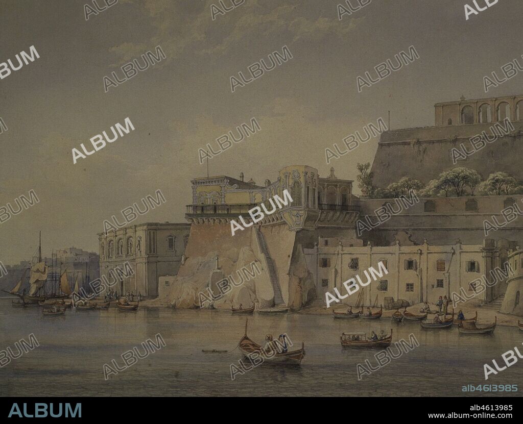 William Anderson (1757-1837). Pintor escocés. Vista del puerto deportivo con los jardines Upper Barrakka. Acuarela sobre papel. Museo Nacional de Bellas Artes. La Valeta. Malta.