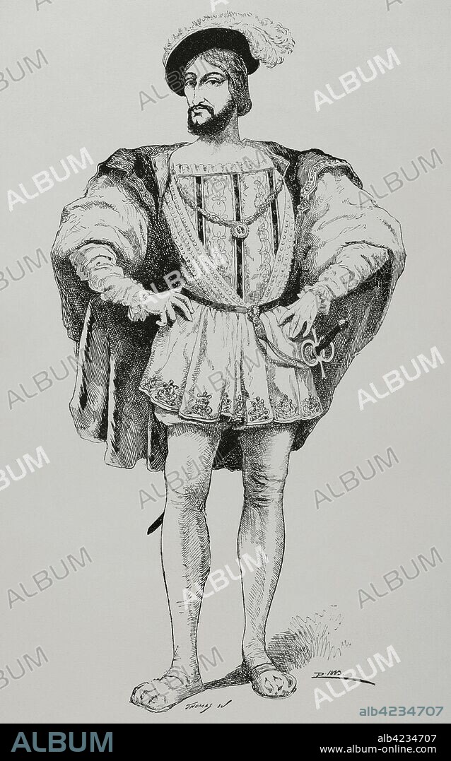 Francisco I de Francia (1494-1547). Dinastía Capeta. Grabado a partir de un cuadro atribuido a Clouet. "Museo Militar del Ejército Español", Tomo I. Evaristo Ullastres Editor. Barcelona, 1883. Biblioteca Histórico Militar de Barcelona, Cataluña, España.