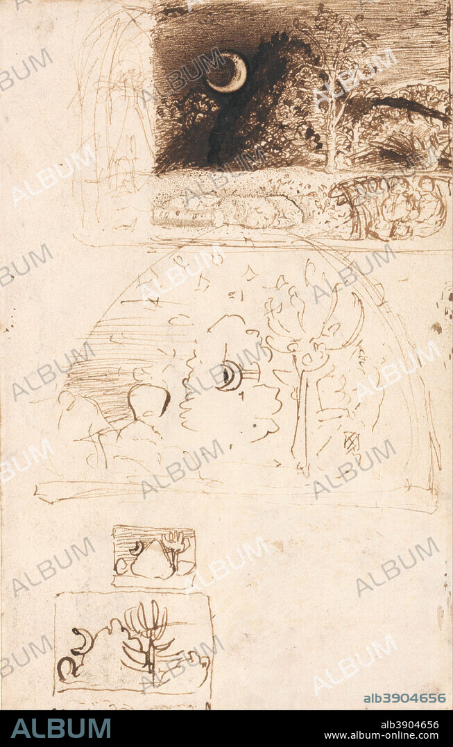 SAMUEL PALMER. The Crescent Moon. Landscape. Pen and sepia ink and graphite on medium, smooth, cream wove paper. Height: 181 mm (7.12 in); Width: 114 mm (4.48 in).