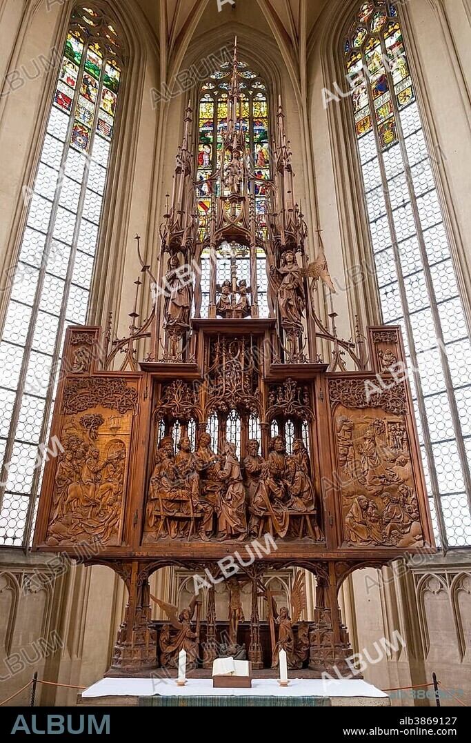 Holy Blood Altar by Tilman Riemenschneider, Jacob's Church, Church of St. Jakob, Rothenburg ob der Tauber, Middle Franconia, Franconia, Bavaria, Germany, Europe.