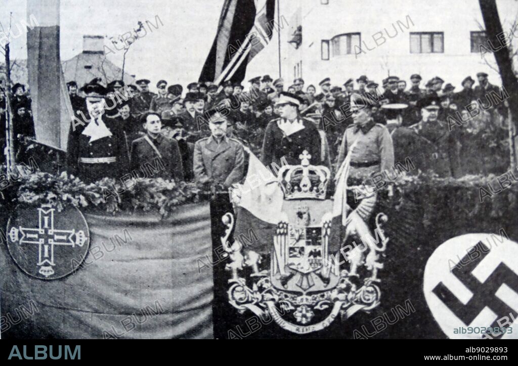 Photograph of Nazi leaders. Left to right: Fabricius, German Minister in Bucharest; Horia Sima; Marshal Antonescu; King Michael; General Hansen. Dated 1940.