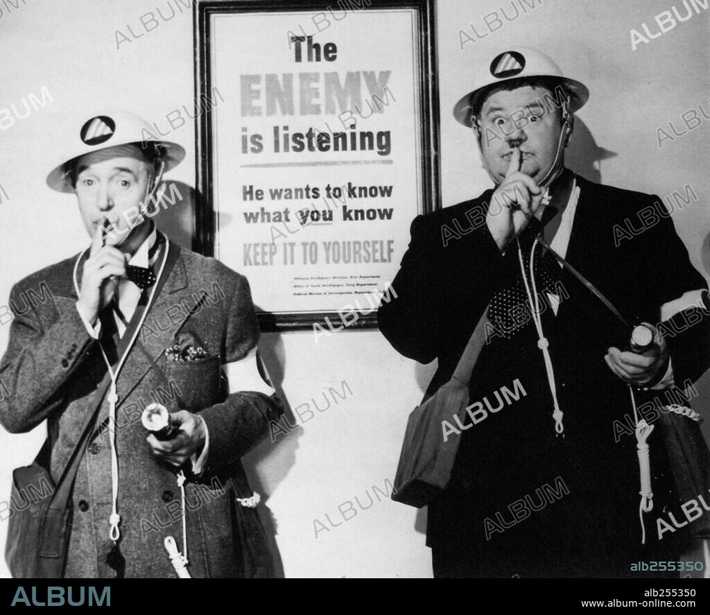 OLIVER HARDY and STAN LAUREL in AIR RAID WARDENS, 1943, directed by EDWARD SEDGWICK. Copyright M.G.M.