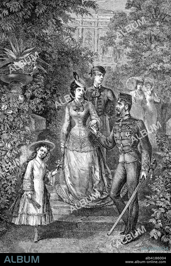 The imperial family of Austria to the summer freshness, Archduchess Marie Valerie, Empress Elisabeth, Crown Prince Rudolph, Emperor Franz Joseph, in the Park of Gödöllö, Hungary, Reproduction of an original woodcut from the year 1882, digital improved.