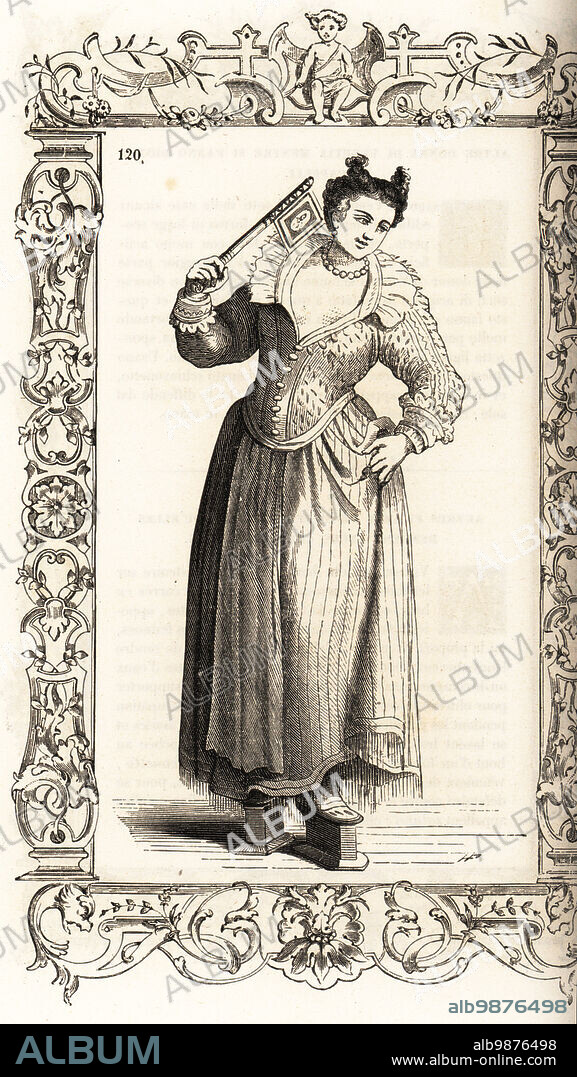 Venetian prostitute of the 16th century. She wears a masculine look, horned hair style, silk doublet, mans shirt, pearl necklace, long apron and chopines. Within a decorative frame engraved by H. Catenacci and Fellmann. Woodblock engraving by Gerard Seguin and E.F. Huyot after a woodcut by Christoph Krieger from Cesare Vecellios 16th century Costumes anciens et modernes, Habiti antichi et moderni di tutto il mondo, Firman Didot Ferris Fils, Paris, 1859-1860.