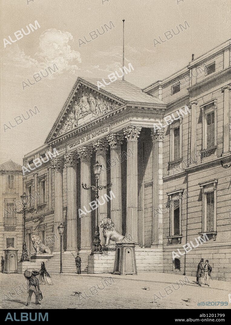 Palacio del Congreso de los Diputados. Inaugurado en 1850 por la reina Isabel II. Grabado de 1870.