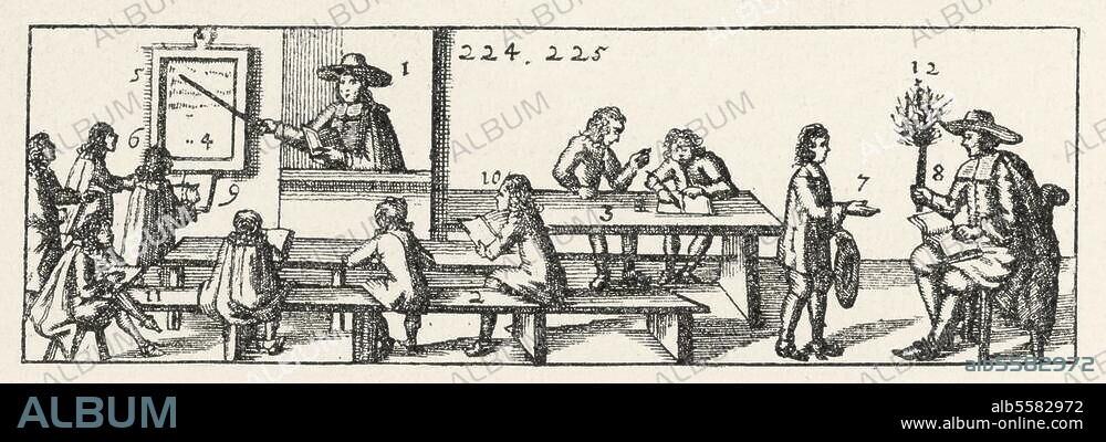 Johann Amos Comenius, Czech Republic Komensky; clergyman and educator; 1592-1670. Works: Vorpforte der Schulunterweisung. A classroom in the 17th Century. Copper engraving from the Nuremberg edition 1678.