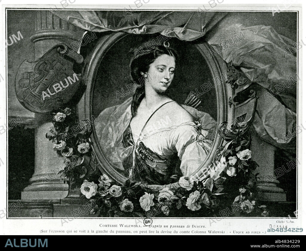 Portrait de la Comtesse Marie WALEWSKA (1786-1817) d'apres un panneau de Dubufe. 'Sur l'ecusson qui se voit a la gauche du panneau, on peut lire la devise du comte Colonna Walewski 'Usque ad fines''. Credit : Collection KHARBINE-TAPABOR.