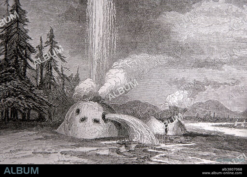 Woodcut of Grotto Geyser. Thomas Moran, artist; 1871 Scribner's Monthly. Grotto Geyser is a fountain-type geyser located in the Upper Geyser Basin. On September 18, 1870 members of the Washburn-Langford-Doane Expedition entered the Upper Geyser Basin where in a day and a half of exploration, they named seven geysers of which Grotto was one. It is the namesake for the group of geysers that includes Grotto Fountain Geyser, South Grotto Fountain Geyser, Indicator Spring, Spa Geyser, and Rocket Geyser. Yellowstone National Park is a national park located primarily in the state of Wyoming, although it also extends into Montana and Idaho. It was established by the U.S. Congress and signed into law by President Ulysses S. Grant on March 1, 1872.