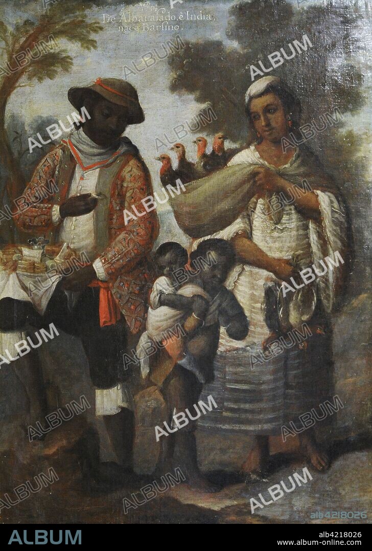 Título: Castas; De albarrazado e india, barcino. Autor: Andrés de Islas (siglo XVIII). Pintura sobre lienzo. Grado de mestizaje entre indígenas, europeos y africanos. Género" Pintura de Castas". Virreinato de la Nueva España. Escuela Mexicana. México. 1774. Museo de América. Madrid. España.