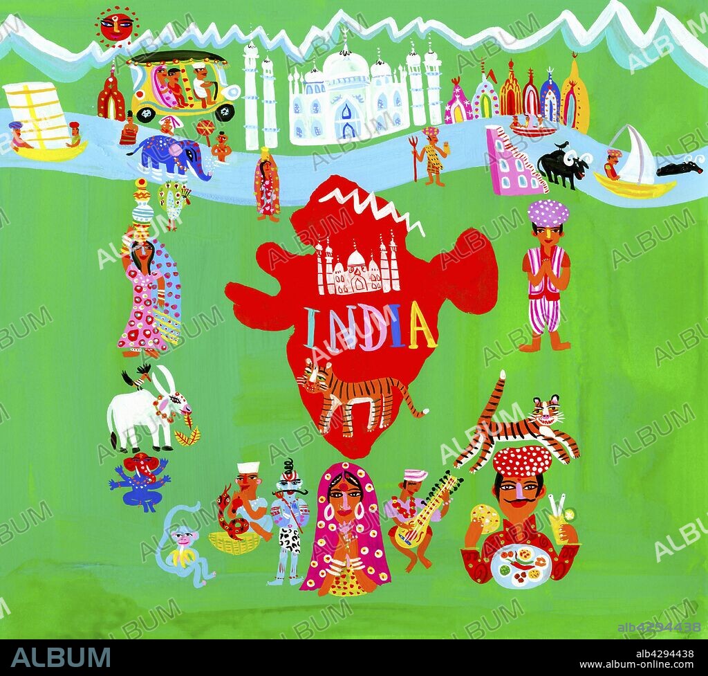Map of India surrounded by Indian people and culture.