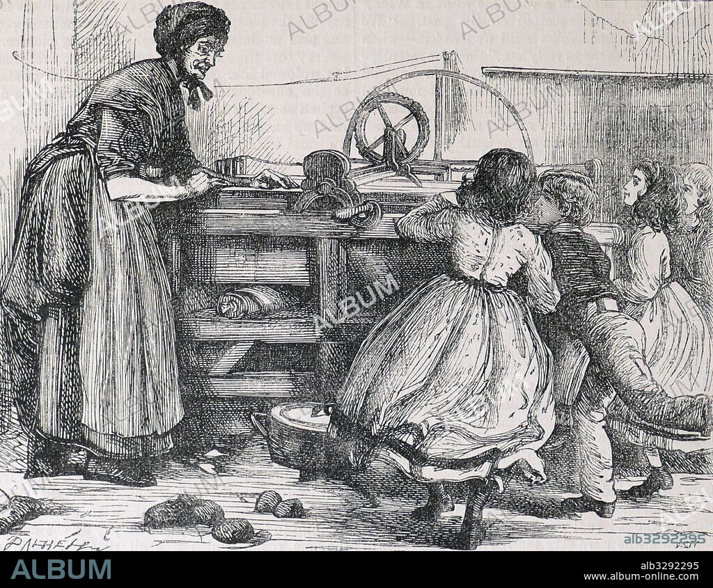 Woman using a box mangle. In this machine, damp clothes were smoothed by rollers, which ran back and forth on clothes, spread on polished flat surface. Pressure was applied to the rollers by means of a large rectangular box filled with stones. London, 1869.