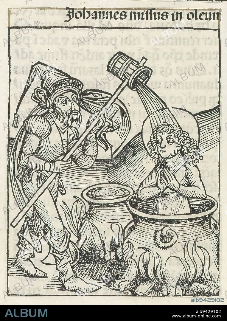 John the Evangelist in a pan of boiling oil, Johannes missus in oleum (title on object), Liber Chronicarum (series title), Apostle John the Evangelist sits in a pan of boiling oil. His hands are folded in prayer. A man is pouring oil over his head. John miraculously came out unscathed. The print is part of an album., print maker: Michel Wolgemut, (workshop of), print maker: Wilhelm Pleydenwurff, (workshop of), Neurenberg, 1493, paper, letterpress printing, height 109 mm × width 81 mm.