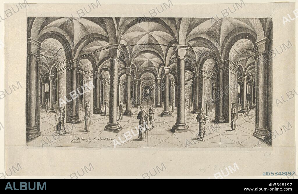 HANS PESSER. View in Fisheye perspective of a Hall with Columns and Cross Rib Vaulting, ca. 1610-20.