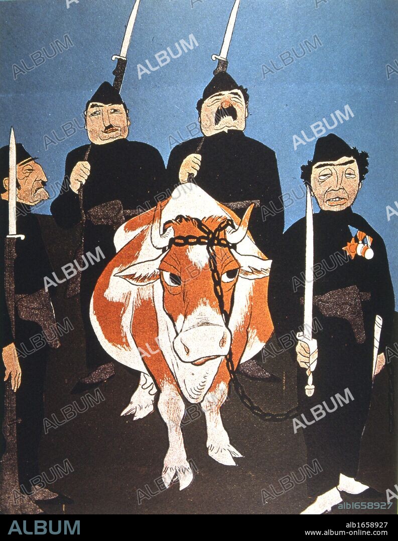 Italy, 1926. Anti - fascist cartoon showing a cow being arrested for not giving Chianti.