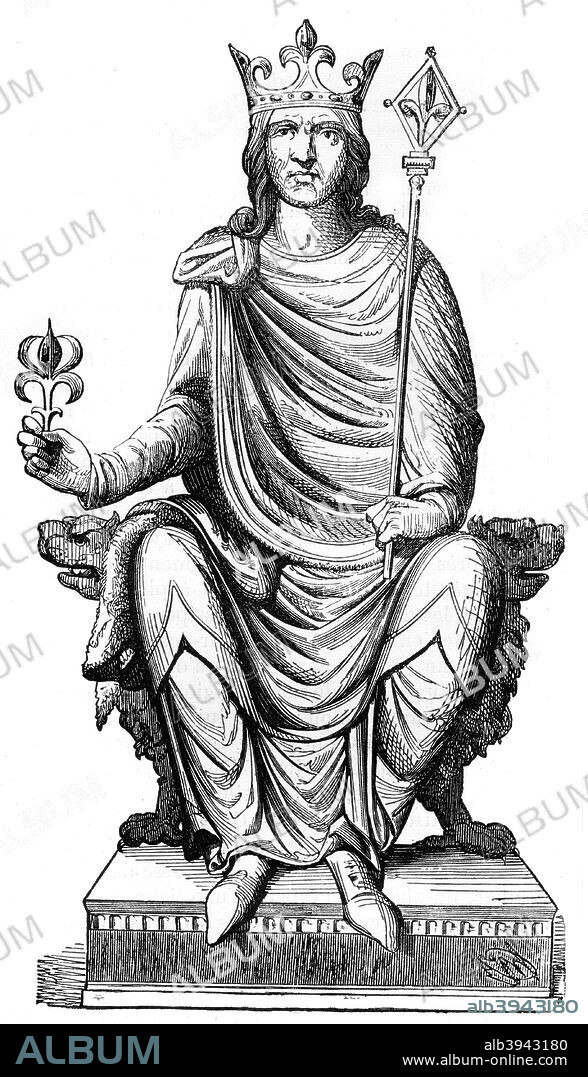 Statue of Philip Augustus, King of France, 13th century (1882-1884). King Philip II Augustus (1165-1223), was King of France from 1180 to 1223. He participated in the Third Crusade and reconquered much of the French territory held by the English. A print from La France et les Français à Travers les Siècles, Volume I, F Roy editor, Saint-Antoine, 1882-1884.