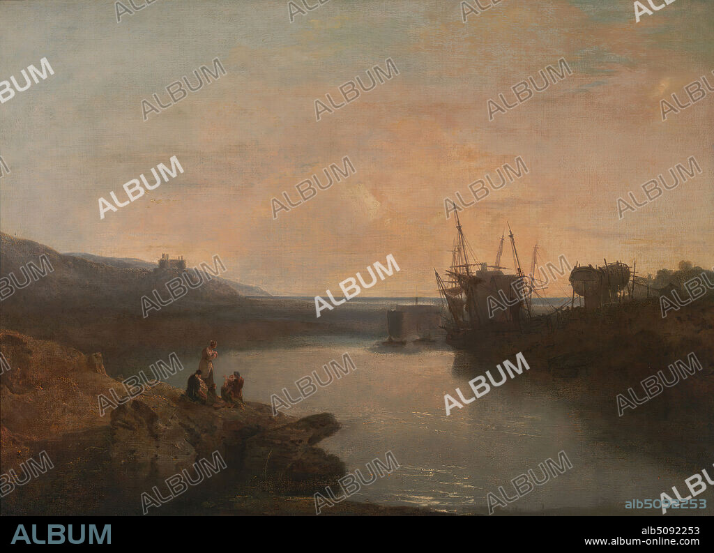Harlech Castle, from Tygwyn Ferry, Summer's Evening Twilight, Joseph Mallord William Turner, 17751851, British, 1799, Oil on canvas, Support (PTG): 34 1/4 x 47 inches (87 x 119.4 cm), castle, costume, evening, landscape, men, mountains, rocks (landforms), sea, ships, suffering, symbolism, Caernarfonshire and Merionethshire, Cymru, Harlech, Harlech Castle, United Kingdom, Wales.