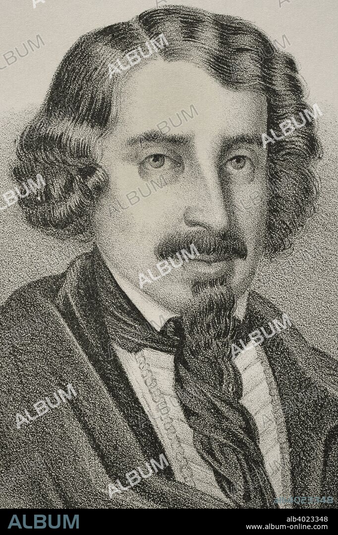 José de Espronceda (Almendralejo, 1808-Madrid, 1842). Escritor español de la época del Romanticismo. Dibujo por Llanta. Litografía. Retrato, detalle. Crónica General de España, Historia Ilustrada y Descriptiva de sus Provincias. Extremadura, 1870. Biblioteca Histórico Militar de Barcelona. Cataluña, España.