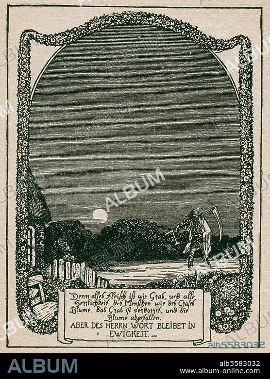 Claudius, Matthias Dichter, 1740-1815. Werke: Abendlied (Gedicht). "Wollst endlich sondern Grämen / Aus dieser Welt uns nehmen / Durch einen sanften Tod!". Illustration, 1910, von Rudolf Schäfer. Aus: Vom Wandsbecker Boten, Leipzig und Hamburg (G.Schloeßmann), 1921.