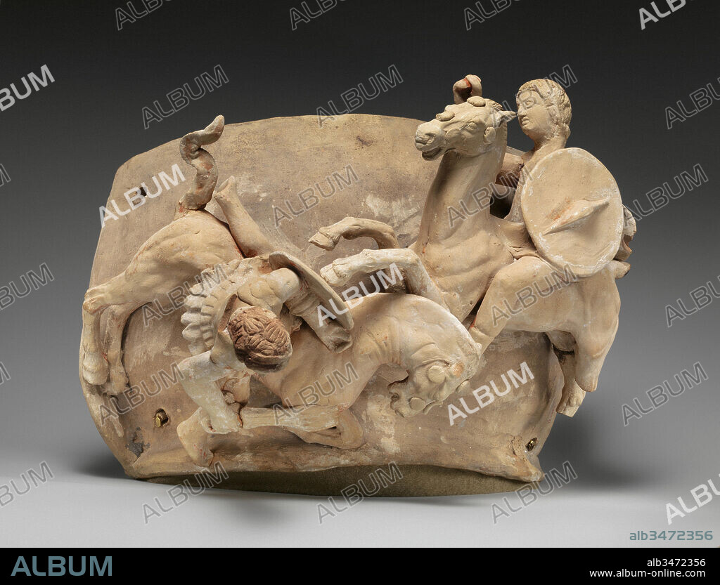 Terracotta relief probably from a funnel vase, Early Hellenistic, late 3rd–early 2nd century B.C., Greek, South Italian, Apulian, Canosan, Terracotta, 8 9/16 x 12in. (21.8 x 30.5cm), Vases, This is one of four reliefs with two-figure compositions depicting a combat between two warriors, likely a Gaul and a Greek. Several reliefs probably decorated a large funerary jar. They rested on a shelf-like projection from the body of the vase and were secured by dowels through the holes in the plaque.