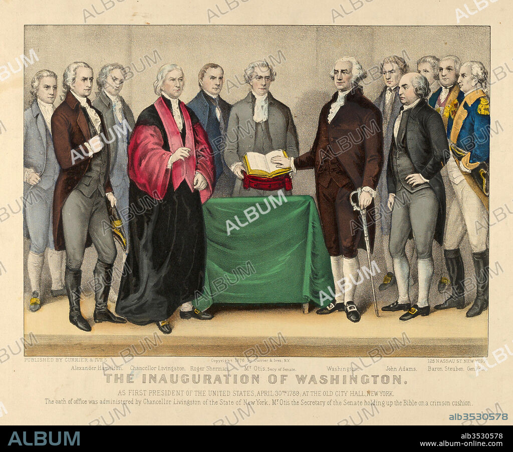 Drawings and Prints, Print, The Inauguration of Washington as First President of the United States, April 30th 1789 – At the Old City Hall, New York – The oath office was administered by Chancellor Livingston of the States of New York – Mr. Otis the Secretary of the Senate holding up the Bible on a crimson cushion., Publisher, Sitter, Currier & Ives, George Washington, American, active New York, 1857–1907, American, 1732–1799, Currier & Ives, Washington, George, American, 1857, 1732.