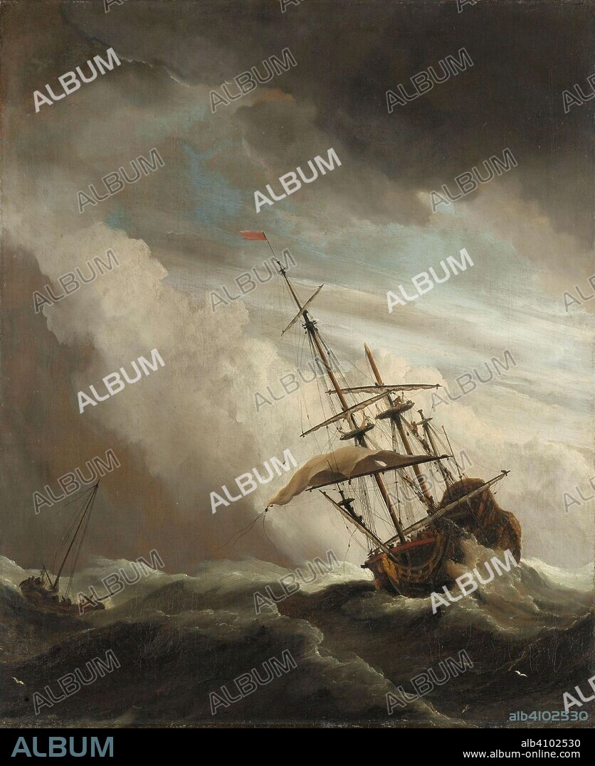 WILLEM VAN DE VELDE (II). A Ship on the High Seas Caught by a Squall, Known as 'The Gust'. Een schip in volle zee bij vliegende storm, bekend als 'De windstoot'. Dating: c. 1680. Measurements: h 77 cm × w 63.5 cm × h 90.5 cm × w 78.5 cm × d 6.5 cm.