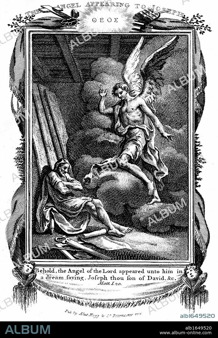 Joseph's dream. Behold, the Angel of the Lord appeared unto him in a dream Bible Matthew I. Copperplate engraving 1804.