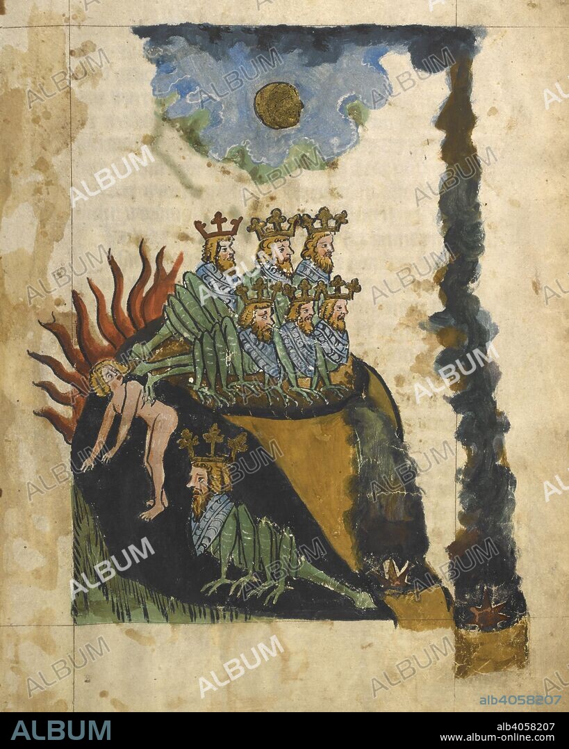 The Locusts emerging from the pit (Rev. 9:3-10). Apocalypse, in German. c 1350-c 1370. Source: Add. 15243 f.15.