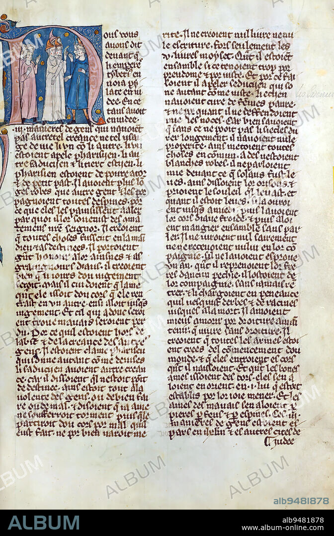 William of Tyre's Histoire d'Outre Mer, Initial 'N' with the Pharisees and Sadducees debating, This manuscript, completed in the later part of the thirteenth century, contains William of Tyre's Estoire d'Eracles (to 1229), Les Faits des Romains (continuation, Tiberius to Julian), and a letter of Prester John. While the origin of the manuscript is debatable between Acre and Paris, Jaroslav Folda suggests a strong connection with Epinal 45, a manuscript known to have been created in Paris during this same time. Versions of William of Tyre's work were particularly popular in France during the latter part of the thirteenth century.