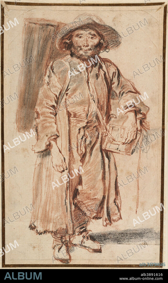 ANTOINE WATTEAU. The Old Savoyard. Date/Period: Ca. 1715. Drawing. Red and black chalk, with stumping, on buff laid paper, laid down on cream wove card, laid down on cream board. Height: 359 mm (14.13 in); Width: 221 mm (8.70 in).