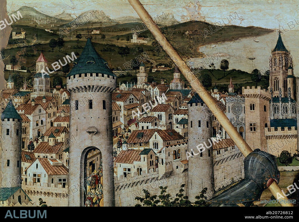 PEDRO NISART (SIGLO XV) PERE NISART. RETABLO DE SAN JORGE - SIGLO XV - DETALLE DE LA CIUDAD DE PALMA DE MALLORCA - GOTICO ESPAÑOL.