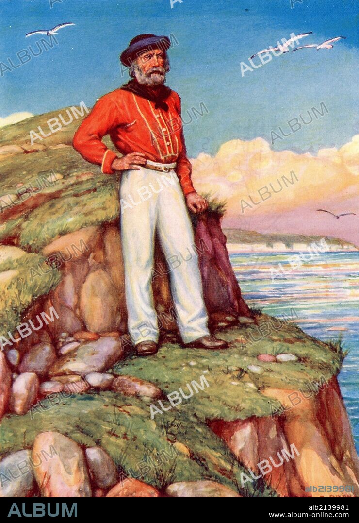 Giuseppe Garibaldi (1807-1882) Italian patriot. In 1860, at the head of his l,000 Red Shirts, he conquered Sicily and Naples. Garibaldi, in his signature red shirt, gazing towards his beloved Italy from a cliff edge on the island of Caprera off the coast of Sicily. Illustration c1920. (Photo by: Universal History Archive/UIG via Getty Images).