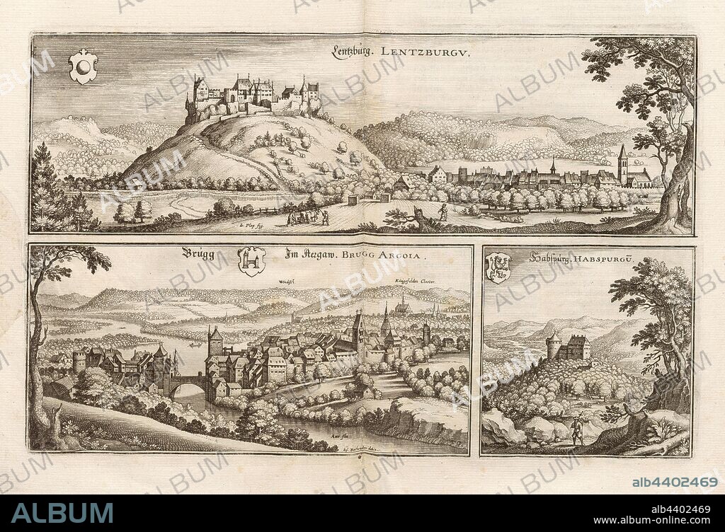 Lenzburg - Lenzburg, Brugg and Habsburg, Lenzburg, Brugg and Habsburg in the Canton of Aargau, signed: Io., Plep fig, Ios, Carousing delin, Fig. 15, p. 26, Plepp, Joseph (fig.); Zehender, Josua (del.), Matthaeus Merian der Ältere: Topographia Helvetiae, Rhaetiae, et Valesiae: das ist, Beschreibung und eygentliche Abbildung der vornehmsten Stätte und Plätze in der hochlöblichen Eydgnossschafft, Graubündten, Wallis, und etlicher zugewandten Orthen. Franckfurt am Mayn: zum Truck verlegt von denen Merianischen Erben, im Jahr M DC LIV. [1654].