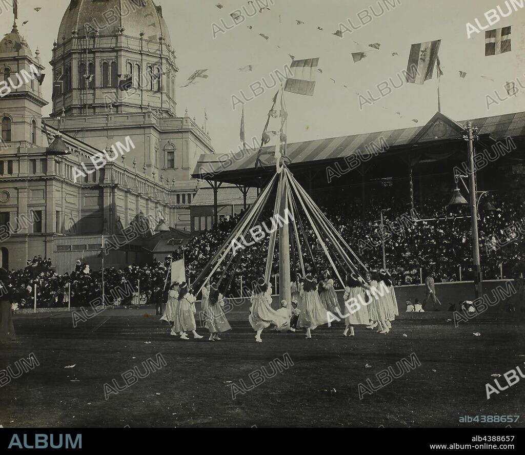 Photograph - 'State School Fete, Exhibition Building', Melbourne, 11 May 1901, One of a set of 47 original photographs of the Australian Federation celebrations in Melbourne 1901 to mark the opening of the first Federal Parliament of Australia. The photographs trace the Royal Visit of the Duke and Duchess of Cornwall and York for the occasion, from their arrival in Melbourne on the Royal Yacht 'Ophir' at St Kilda Pier on 6 May 1901 to their departure for Brisbane at Port.