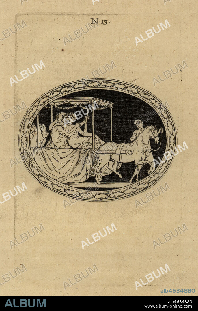 Mark Antony dressed as Hercules riding a chariot with the dangerous mima actress Cytheris dressed as Iole. He wears a lion skin and holds a club. Marc-Antoine habille en Hercule, et la dangereuse Cytheris en Iole. Copperplate engraving from Pierre-Francois d'Hancarvilles Monumens de la Vie Privee des Douze Cesars, Chez Sabellus, Capri (Monuments of the Private Lives of 12 Caesars, Leclerc, Nancy) 1780. From imaginary Spintria, medals and cameos.