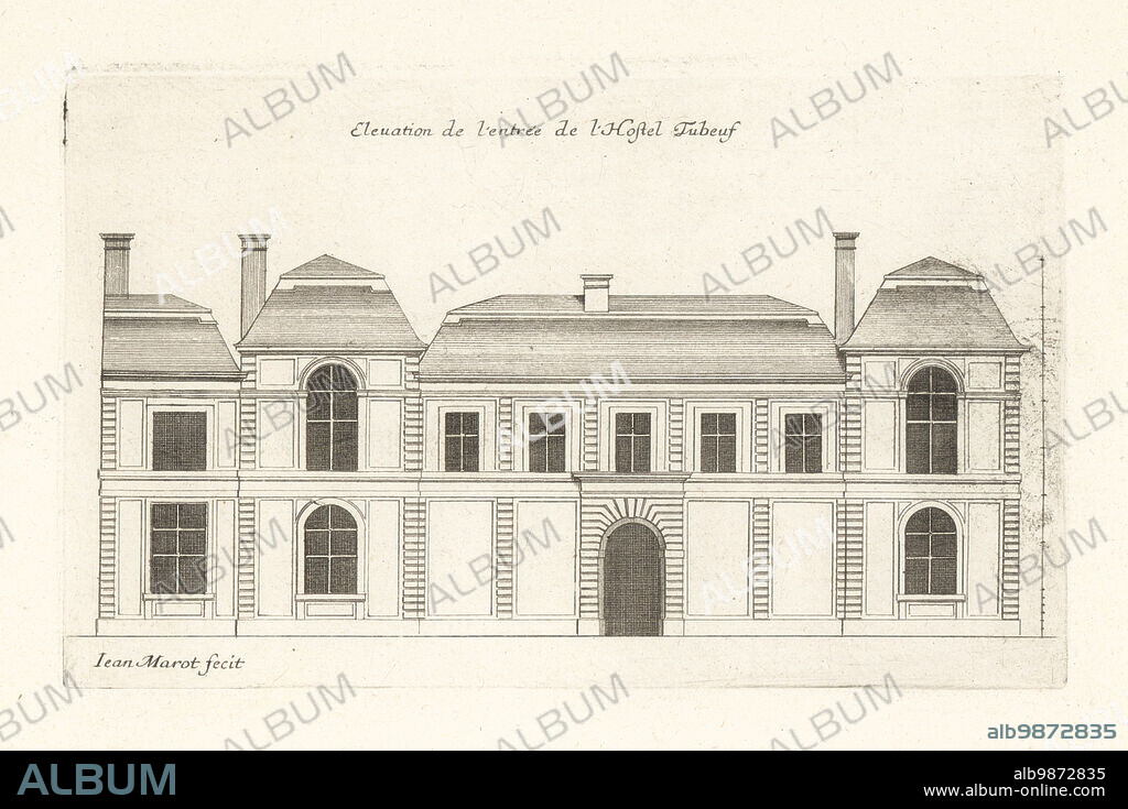 Elevation of the entrance to the Hotel Tubeuf (now Hotel Colbert de Torcy), a grand house or hotel particulier at 16, rue Vivienne, Paris, built in 1635 by architect Jean Thiriot, and purchased by financier Jacques Tubeuf. Elevation de l'entree de l'Hostel Tubeuf. Copperplate engraving drawn and engraved by Jean Marot from his Recueil des Plans, Profils et Elevations de Plusieurs Palais, Chasteaux, Eglises, Sepultures, Grotes et Hotels,Collection of Plans, Profiles and Elevations of Palaces, Castles, Churches, Tombs, Grottos and Hotels, chez Mariette, Paris, 1655.