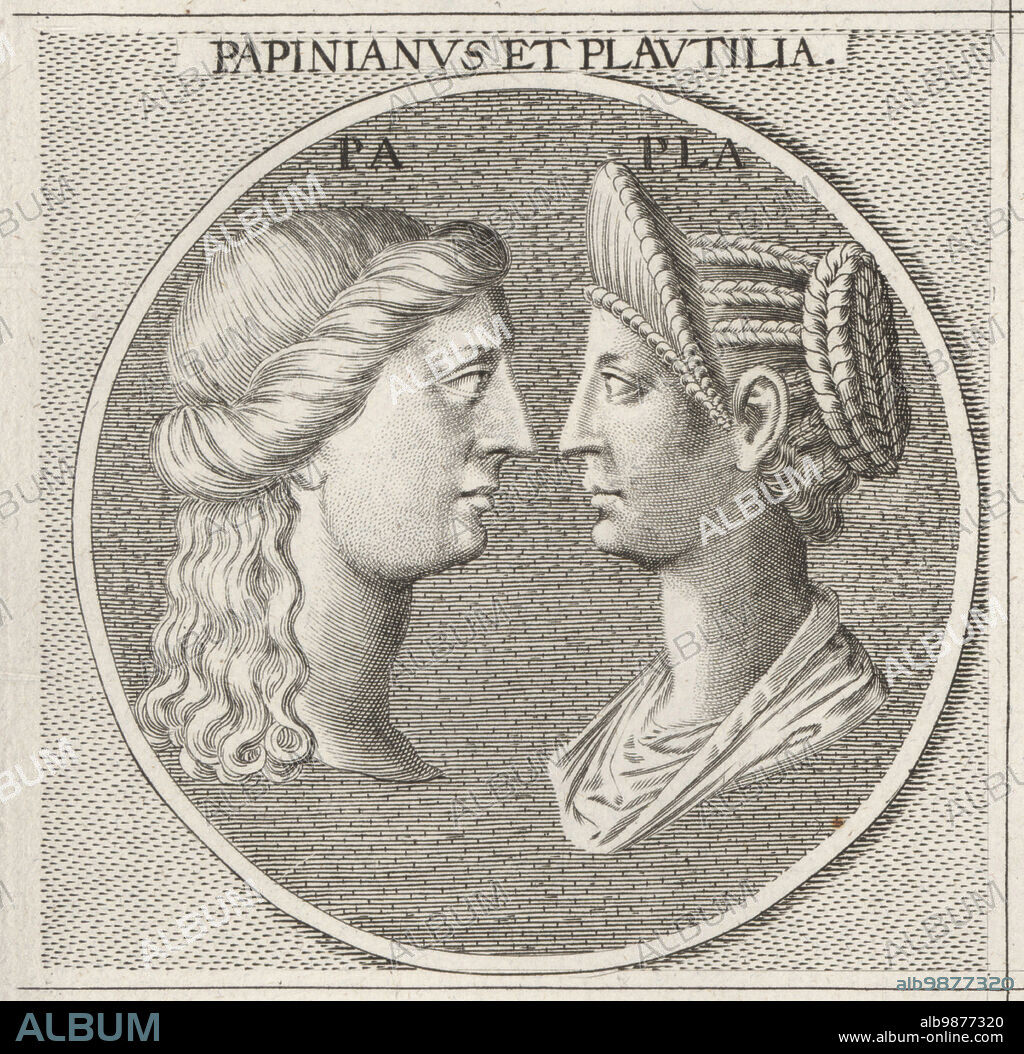 Roman jurist Papinian and Empress Publia Fulvia Plautilla (died 211), wife of Roman emperor Caracalla, exiled after the execution of her father Gaius Fulvius Plautianus. Papinianus et Plautilia. Copperplate engraving after an illustration by Joachim von Sandrart from his LAcademia Todesca, della Architectura, Scultura & Pittura, oder Teutsche Academie, der Edlen Bau- Bild- und Mahlerey-Kunste, German Academy of Architecture, Sculpture and Painting, Jacob von Sandrart, Nuremberg, 1675.