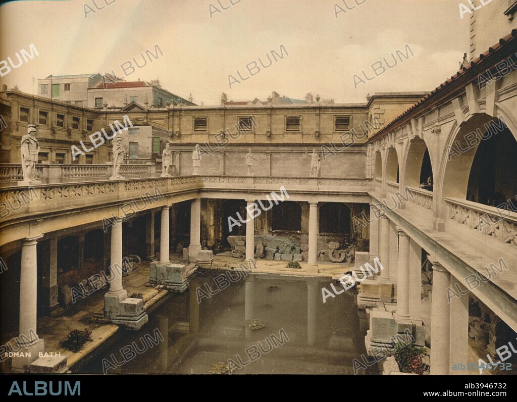 Great Bath, Roman Baths, Bath, Somerset. The city was first documented as a Roman spa, although tradition suggests that it was founded earlier. The waters from its spring were believed to be a cure for many afflictions. From 'Bath: Sixteen Camera Studies in Colour', published by Photochrom Co. Ltd., c1925.