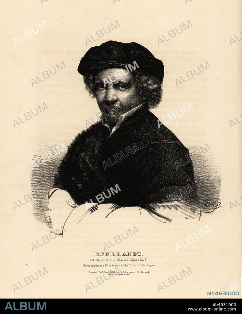 Rembrandt Harmenszoon van Rijn, Dutch painter, 1606-1669. From a picture by himself, formerly in the possession of the Duke of Montagu. Lithograph after a drawing by HVH from Portraits of the most celebrated painters of all the schools, Ackermann, London, 1827.