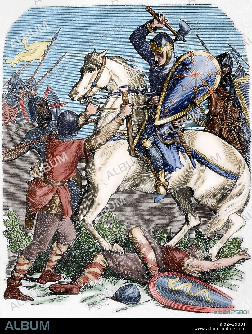 LUIS VI DE FRANCIA, llamado "el Gordo" o "el Batallador" (1081-1137). Dinastia de los Capetos. "LUIS EL GORDO EN LA BATALLA DE BRENNEVILLE". Grabado coloreado.