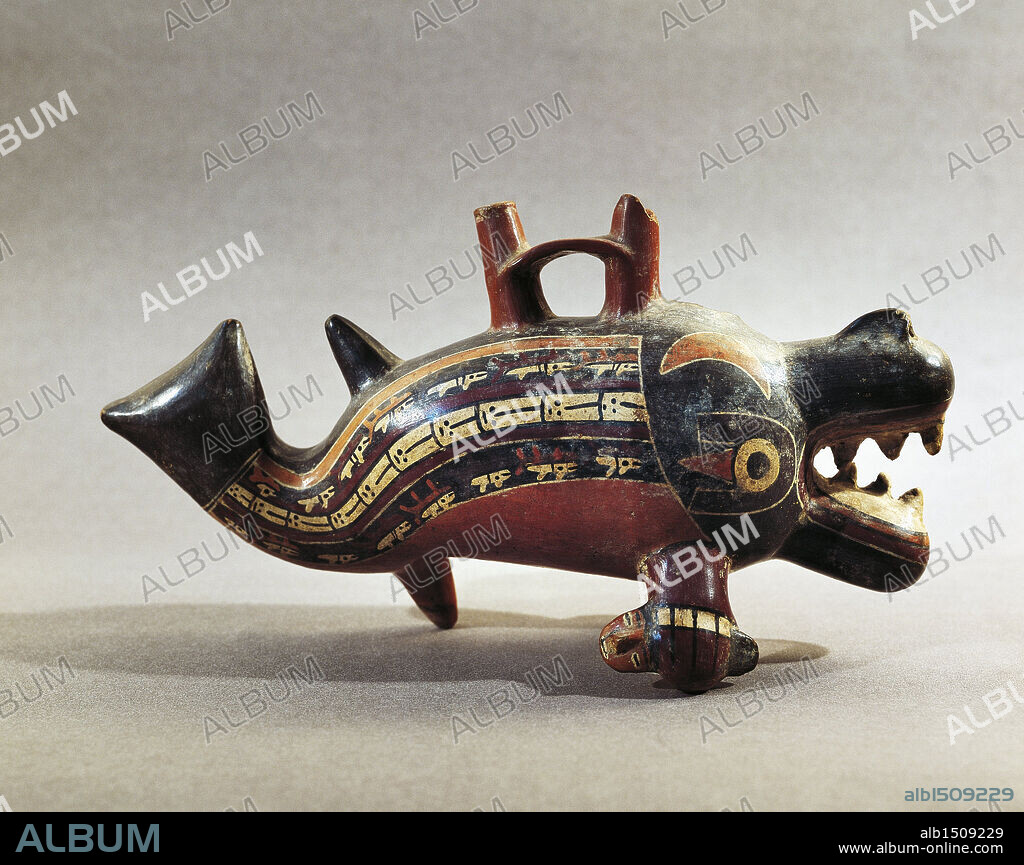 Pre-Inca civilization, Peru, 2nd-7th century A.D. Nazca culture. Double spout and bridge zoomorphic polychrome terracotta vessel in shape of dolphin.