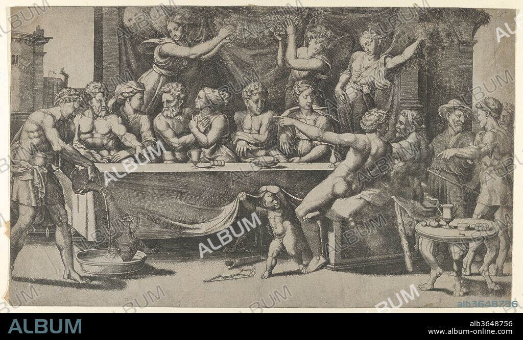 The Olympian gods at the marriage feast of Cupid and Psyche, after Raphael. Artist: After Raphael (Raffaello Sanzio or Santi) (Italian, Urbino 1483-1520 Rome); Master of the Die (Italian, active Rome, ca. 1530-60). Dimensions: Sheet: 11 9/16 × 19 5/16 in. (29.4 × 49 cm). Date: 1530-35.