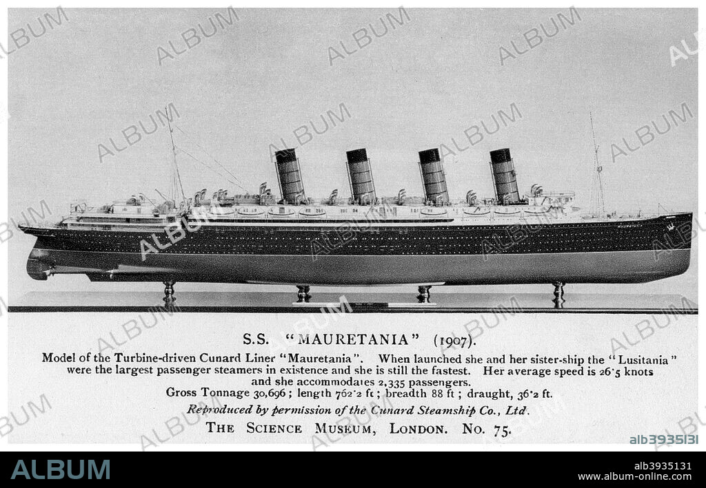 The RMS 'Mauretania', 20th century. RMS 'Mauretania', sister ship of the Lusitania, was an ocean liner built by Swan, Hunter & Wigham Richardson at Wallsend, Tyne and Wear, and was launched on 20 September 1906. At the time, she was the largest and fastest ship in the world. Particularly notable was her steam turbine propulsion, which was a revolutionary development in ocean liner design.
