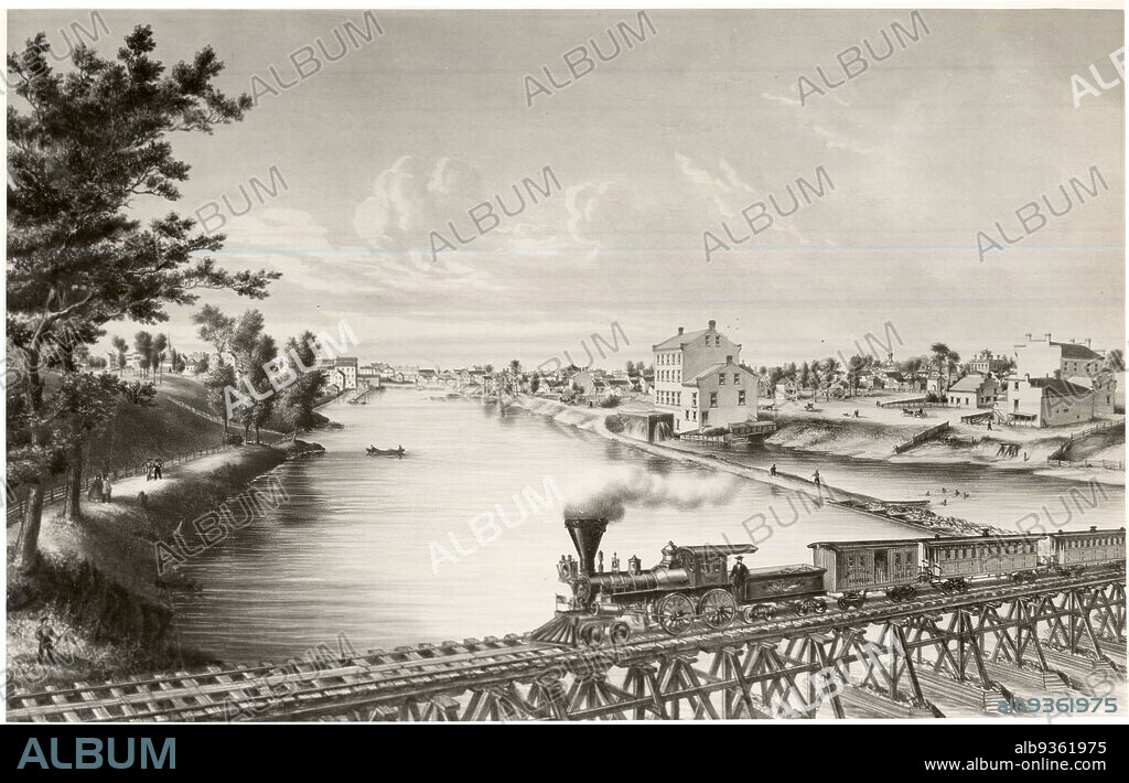 Watertown, Wisconsin, from Milwaukee and Western Railroad Bridge, Louis Kurz, American, 1834-1921, Lithograph on wove paper, ca. 1857, 14 3/16 x 22 1/8 in., 36 x 56.2 cm.