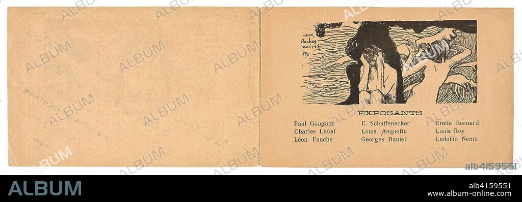 EMILE BERNARD. Catalogue de l'Exposition de Peintures du Groupe Impressionniste et Synthétiste. Paul Gauguin (French, 1848-1903); Claude Emile Schuffenecker (French, 1851-1934); Émile Bernard (French, 1868-1941); Louis Roy (French, 1862-1907); Léon Fauché (French, 1868-1950); George Daniel de Monfreid (French, 1856-1929); Lodovic Némo (French). Date: 1889. Dimensions: 154 × 240 mm (book, closed); 154 × 480 mm (book, open). Book containing eight zincographs and letterpress text in black ink, with photomechanically printed gray stripes on cover, on tan wove paper. Origin: France.
