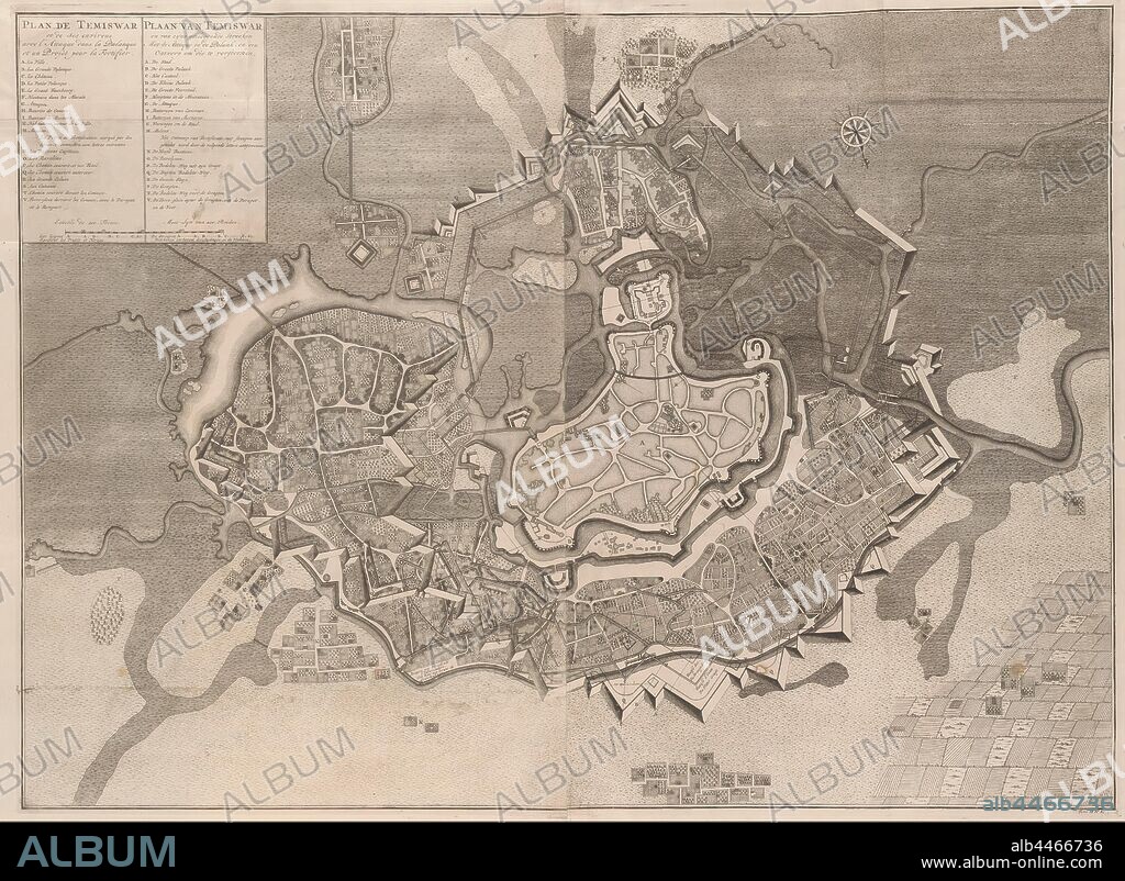 Map of Temesvár, 1716 Plan de Temiswar and the surrounding areas of the Atacta dans la Palanque (...) / Plais of Temiswar and its surrounding areas, and a Design to strengthen it (title on object), Map of Temesvár (in present-day Romania), captured from the Turks on October 13, 1716. Numbered bottom right: Tom. II. No. 61. Illustration in the second part of: [Jean] du Mont, War description of the battles and sieges, of the three ... well-known kryg superiors ... the Prince Eugene of Savoy, the ... Duke of Marlborough, and the Prince van Oranje and Nassau-Vriesland, in the 1729 edition. This second part is mainly devoted to the acts of the Duke of Marlborough and Prince Johan Willem Friso, maps of cities, siege, position war, Timisoara, anonymous, 1716 and/or 1729, paper, etching, h 700 mm × w 940 mm.